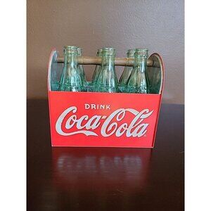 Coca-Cola Metal Picnic Tin Caddy‎ Wood Handle Bottle Holder With Vintage Bottles